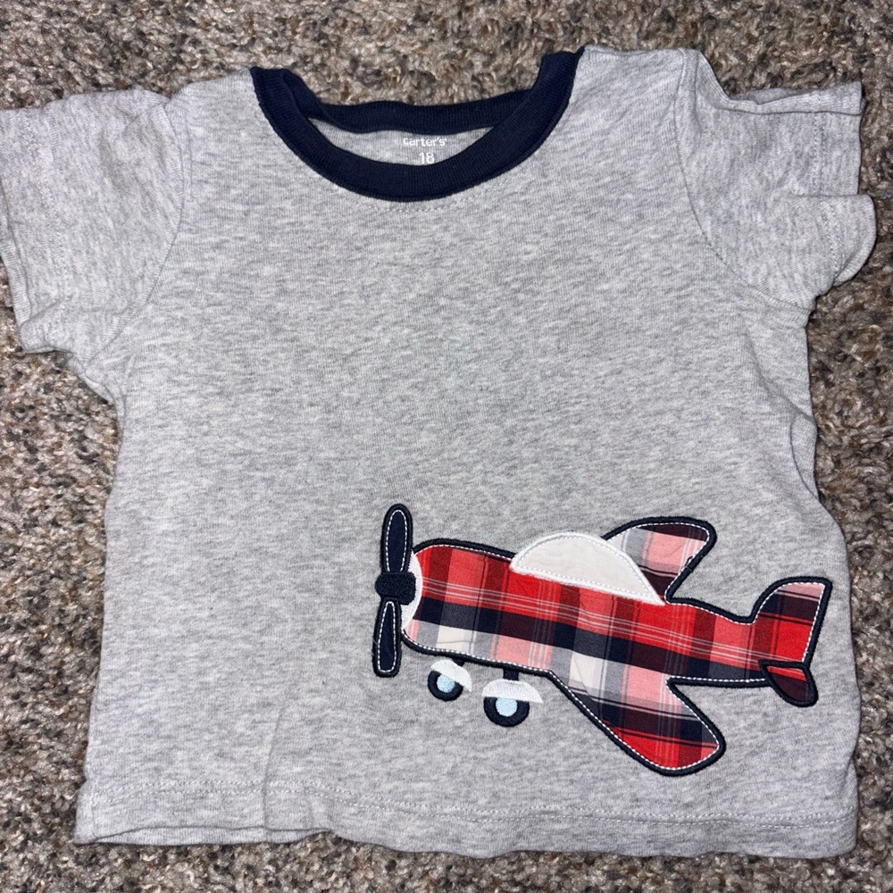 Carter's Gray T-Shirt with Red Plaid airplane and matching shorts